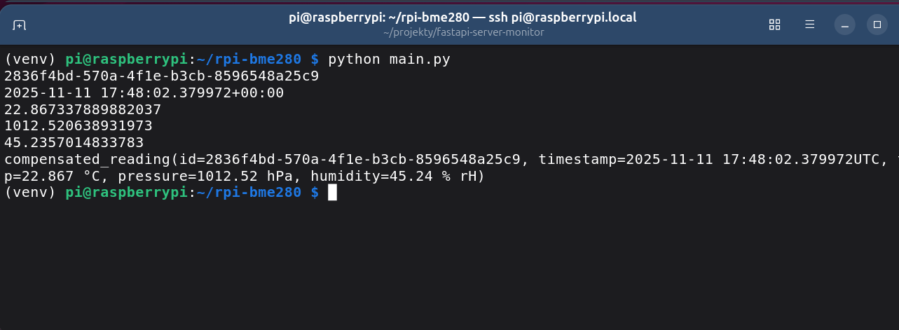 Program zwrócił id i datę pomiaru, dane o temperaturze, ciśnieniu oraz wilgotności