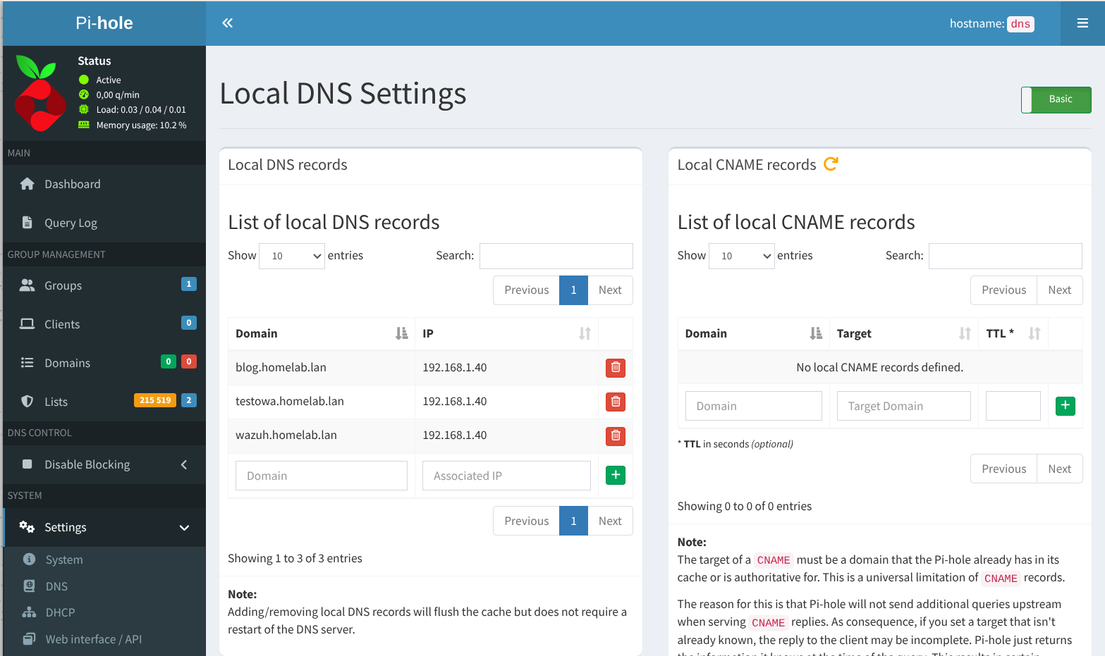 Pi-hole z ustawieniami lokalnego DNS