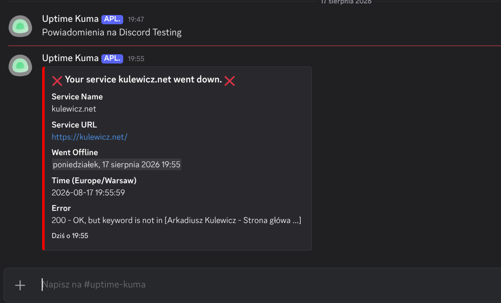 Powiadomienie o awarii na Discord pochodzące systemu Uptime Kuma
